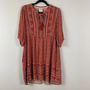 Knox Rose Boho Floral Mini Dress Size Large Red Short Sleeve Tassel Pockets